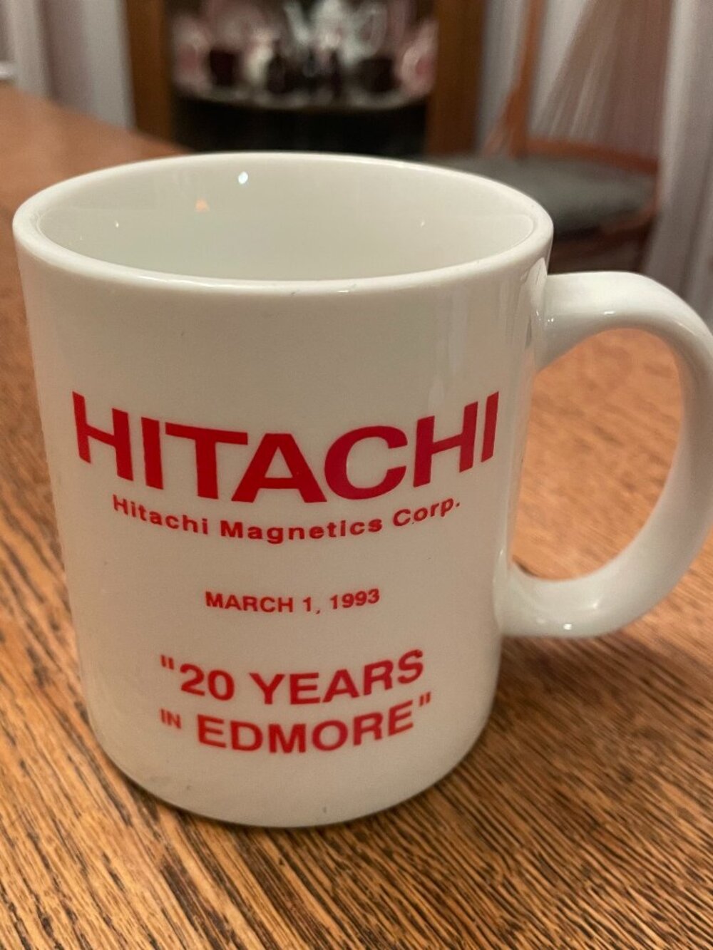 Hitachi March 1, 1993 20 Years in Edmore Commemorative Coffee Cup Mug 11 ounces
